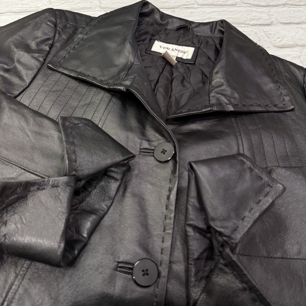 Vtg VERANESI Black Genuine‎ Leather Coat Quilted Lining Women's 18W Goth Jacket